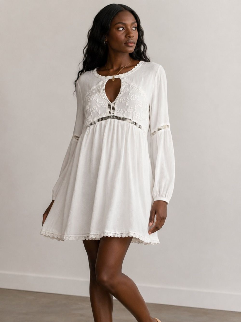 Patrons of Peace White Boho Babydoll Dress Medium Embroidered Lace Keyhole